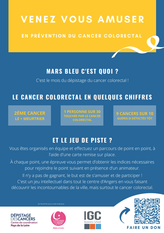 Dans le cadre de leur formation de Manager en Marketing Événementiel et Communication, et en partenariat avec @comitefeminin49, nos étudiants Angevins organisent un jeu de piste pour soutenir la prévention du cancer colorectal !